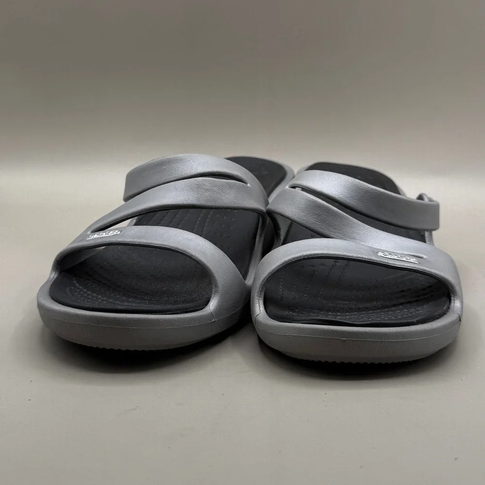 Crocs Patricia Wedge Sandals Womens 10 Multi-Strap Metallic Silver Black